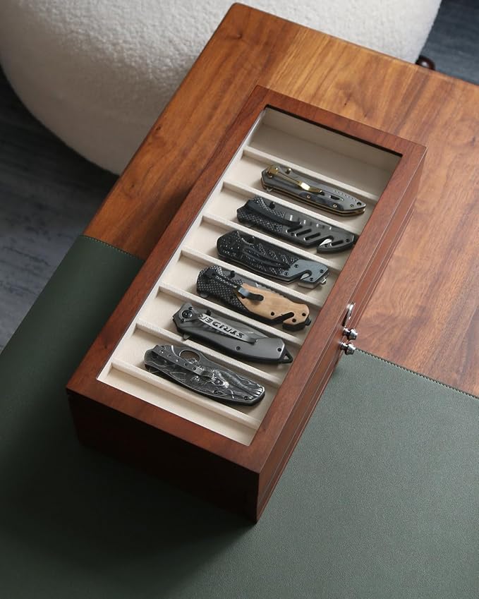 Bonaking Three-Tier Knife Display Case Box with Glass Window and Walnut Finish - Stores 22-26 Pocket Knives - Perfect for Men's Gift