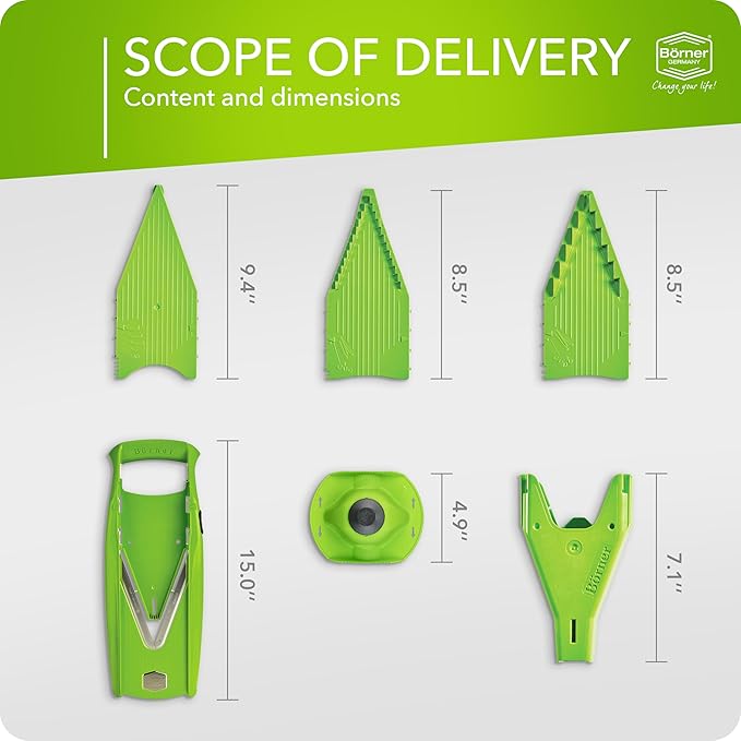 Mandoline Food Slicer Börner V5 (Starter Set) by Reston Lloyd • V-Slicer with Food Holder • Made in Germany • Fruit & Vegetable Chopper • Multiple Settings • Color: Lime
