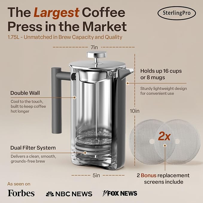 SterlingPro Extra Large French Press Coffee Maker 59 oz (1.75L), Large Capacity Stainless Steel Big French Press XL, Thermal Insulated Largest Coffee Maker with Double Walled Insulation, Gray