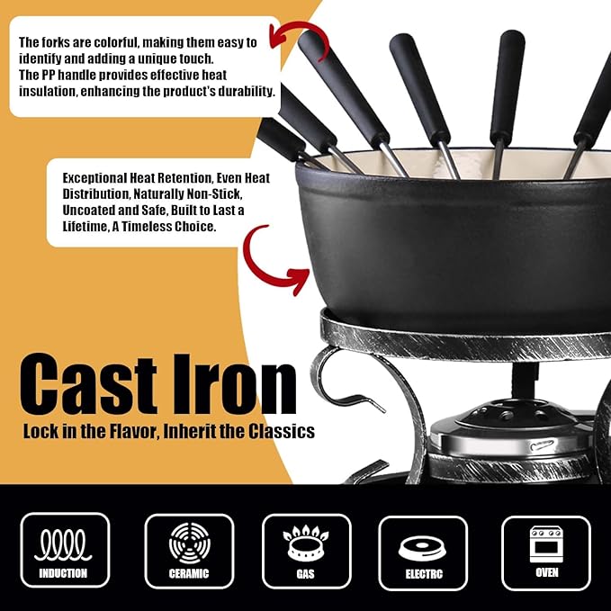 Artestia Cast Iron Fondue Pot Set for Cheese & Chocolate, Fondue Set for 6 with Burner & 6 Forks, Swiss Fondue Pot for Party, Family & Gift, Black