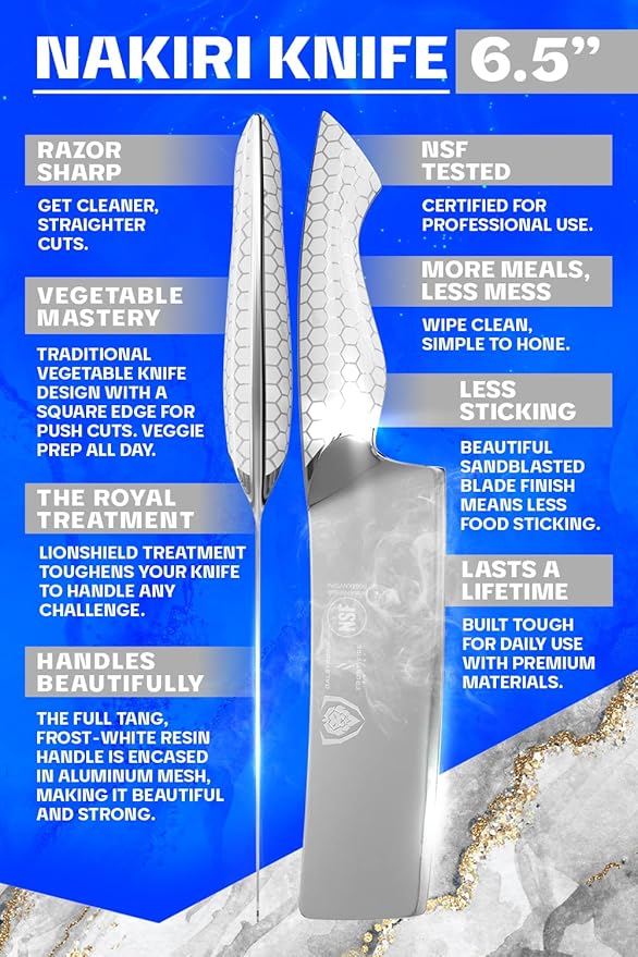 Dalstrong Nakiri Knife - 6.5 inch - Frost Fire Series - High Chromium 10CR15MOV Stainless Steel Vegetable Knife - Frosted Sandblast Finish - White Honeycomb Handle - Leather Sheath - NSF Certified