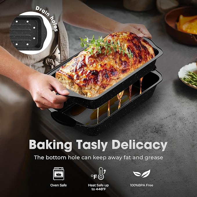 Slow Slog 11-Piece Nonstick Baking Pan Set, Stackable Bakeware Sets, Oven Pans for Baking with Silicone Handles, Includes Cookie Sheet, Cake Pans, Loaf Pan, Pizza Pan, Muffin Pan, Black