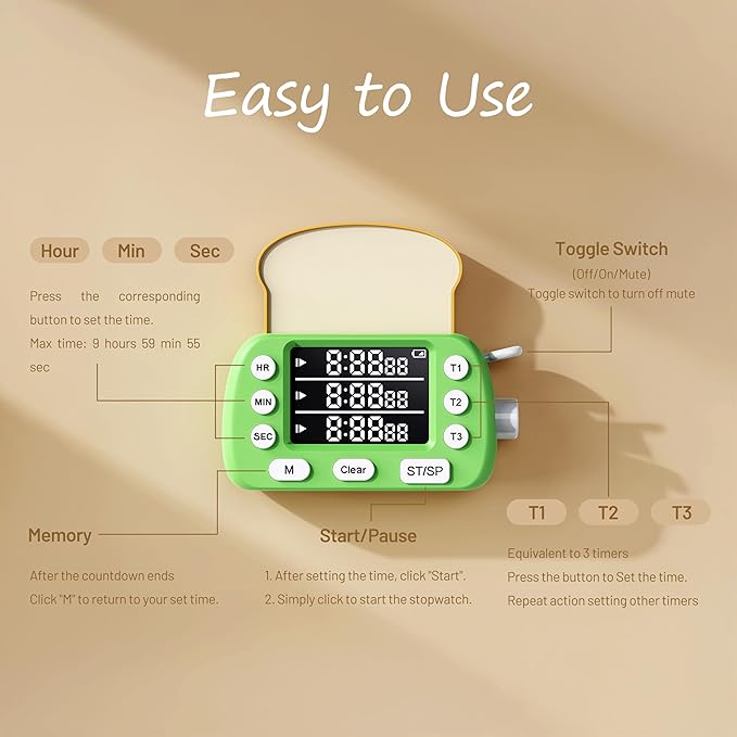 Digital Kitchen Timer for Cooking - 3 Channel Countdown Timer and Stopwatch with Strong Magnets,Silent Mode, LED Display, Memory, Timers for Cooking, Oven, Egg, Baking, Grilling, Teaching