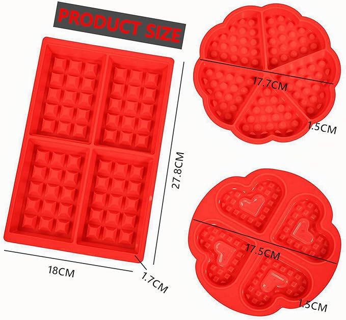 Waffle Mold, Gasusen 3PCS Rectangle and Heart Shaped Silicone Waffle Mold Set, Large Waffle Maker Baking Tray Pan Molds for DIY Waffle Cake Candy Chocolate Making