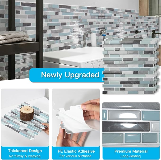 Art3d 10-Sheet Heavy-Duty Peel and Stick Backsplash, Waterproof Wall Tiles Stick on Kitchen Backsplash Living Space, Gray & Blue
