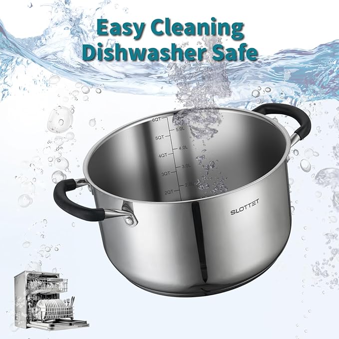 SLOTTET Stainless Steel 8 Quart Stock Pot with Steamer,8 Qt Deep Soup Pot for cooking,Multipurpose Stockpot with silicone Stay-cool Handle.