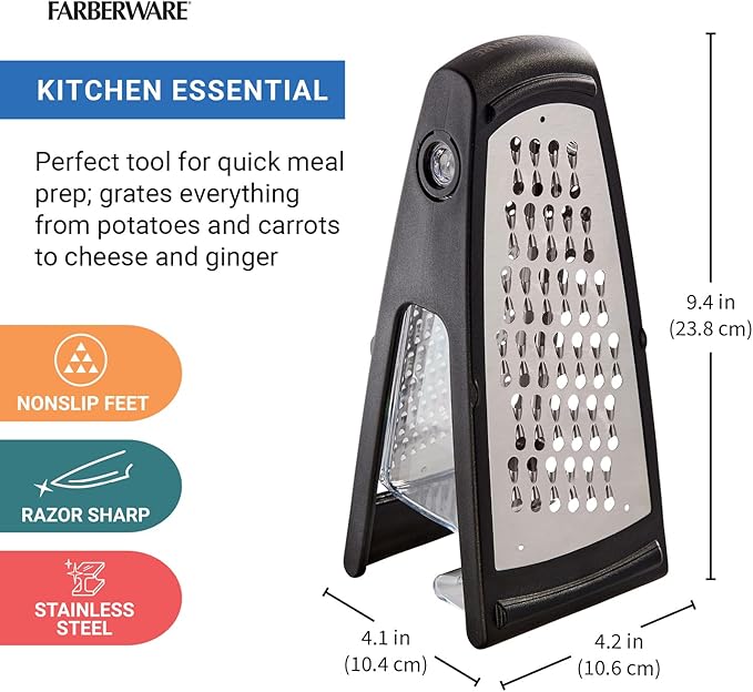 Farberware Professional Stainless Steel Grater with Container, Coarse and Fine Blades, Nonslip Base, Easy-Grip Handle, Dishwasher Safe