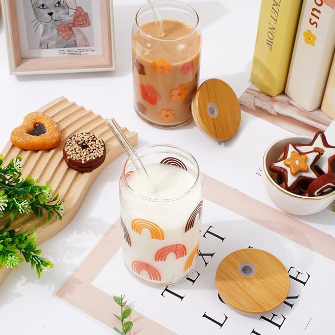 Whaline 4Pcs Boho Ice Coffee Cup with Bamboo Lids and Straws, 16oz Retro Groovy Drinking Glasses Rainbow Face Flower Beer Can Shaped Glass Cup for Soda Cocktail Whiskey Coffee Tea Water Wine