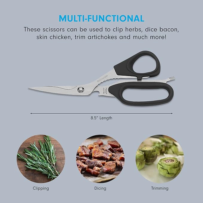 Messermeister 8.5-Inch Take-Apart Utility Shears, Black - Includes Screwdriver, Nut Cracker, Jar Lid Opener/Gripper, Bottle Opener & Bone + Twig Cutter - Suitable for Right-Handed Users