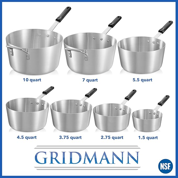 GRIDMANN 3.75-Quart Tapered Aluminum Sauce Pan with Silicone Handle, NSF Listed Heavy Duty Professional Cookware