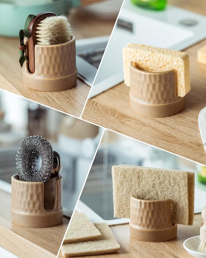 Sponge Holder for Kitchen Sink, Ceramic Sink Scrub Sponge Tray Dish Rack for Scrubbers, Kitchen Organizer, Brown