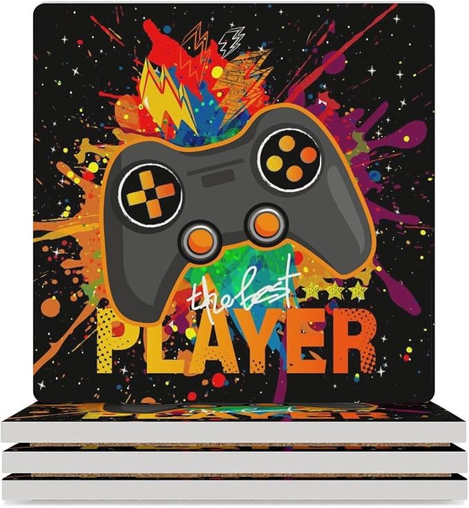 Gamer Drink Coasters, Square Ceramic Drink Coaster Square-4PCS, Kids Cool Gamepad Colorful Game Controller Gaming Gamer Decor Absorbent Ceramic Coasters for Beverage Cup, Bar, Coffee Table