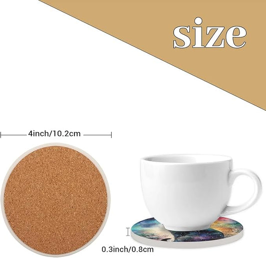 Round Coasters Set of 2, Watercolor Galaxy Sky Black Cat Absorbent Ceramic Coaster with Cork Base, Bar Coasters for Drinks Coffee Mugs Tea Cups Wine Glasses Home Decor Gifts (4 inches)