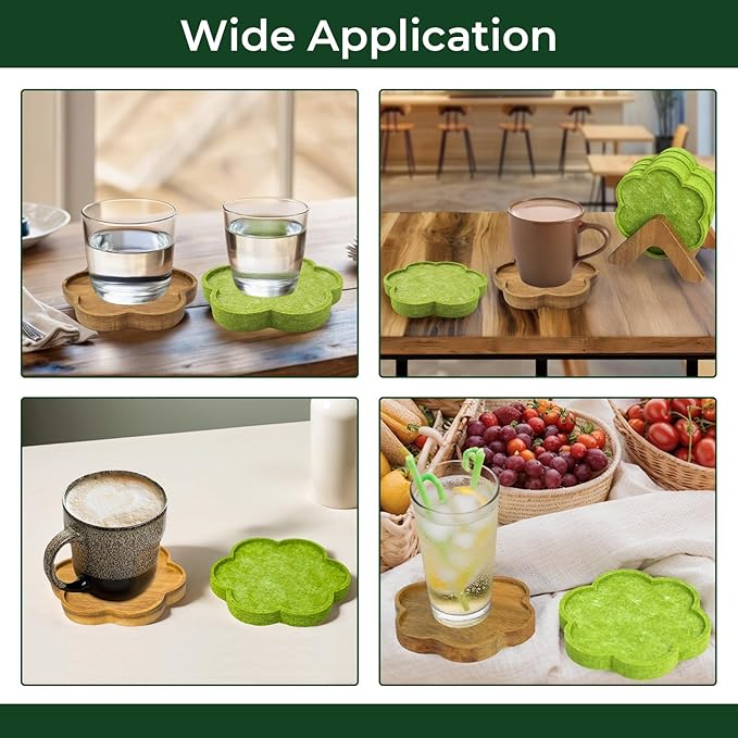 8-Piece Acacia Wood & Absorbent Felt Coaster Set with Stand, Decorative Flower Design - 4" Minimalist Drink Holders for Cold & Hot Drinks, Rustic Modern Decor for Bar & Office - Natural