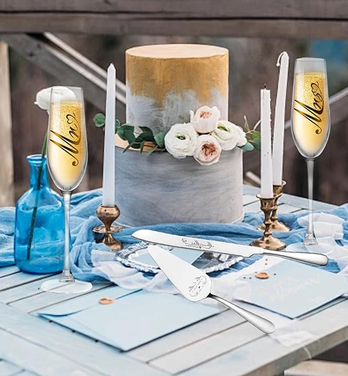 Mr and Mrs Champagne Flutes, Wedding Cake Knife and Server Set, Bride and Groom Champagne Glasses, Cake Cutting Set for Wedding, Bridal Shower Gifts, Engagement Gifts for Couples (Silver, Set of 4)