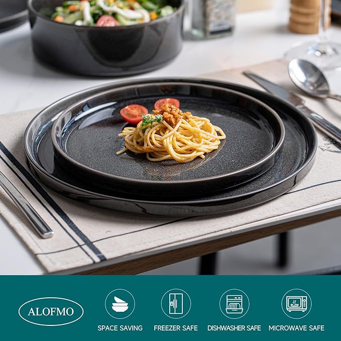 Stoneware Dinnerware Sets, Plates and Bowls Set for 4, 12-Piece Modern Stoneware Dinnerware – Chip Resistant, Non-Toxic, Dishwasher and Microwave Safe Tableware，Glossy Black