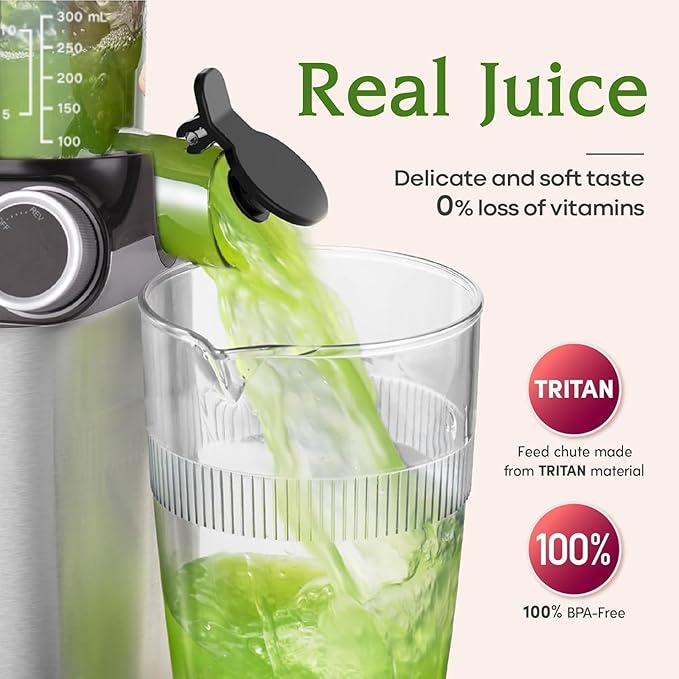 Anybear Cold Press Juicer 200W Masticating Slow Juicer 4.3" Large Feed Chute Fit Whole Fruits Vegetables | Upgraded Auger | Tritan Material | BPA Free | Juice Recipes (Silver)