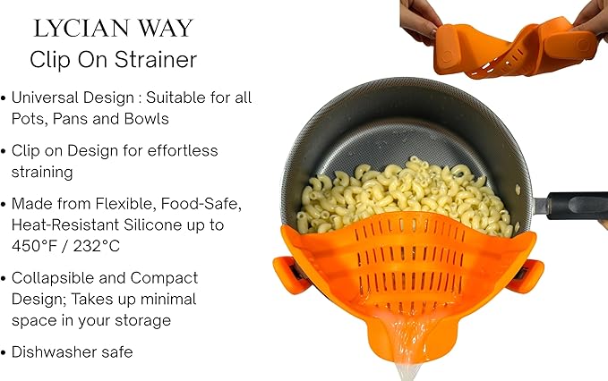 Clip on Strainer Silicone for All Pots and Pans, Colander, Pot Strainer for Pasta, Meat, Vegetables, Space Saving Design, Food-Safe with Collapsible Funnel, Garlic Peeler, 3 Pack (Orange)