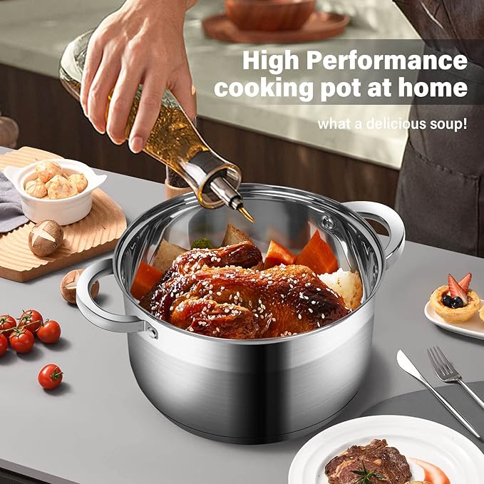 LEUGWAKN Stainless Steel Stockpot with Lid - 10 Quart Soup Pot for Induction Cooking