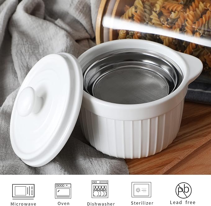 ONTUBE Ceramic Bacon Grease Container Keeper with Strainer, Frying Oil Storage Can, White