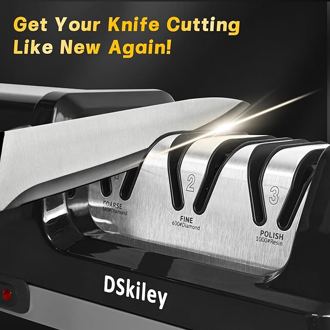 Electric Knife Sharpener for Kitchen – Professional 3-Stage 100% Diamond System with 20° Precision Angle, Fast Sharpening to Restore & Polish Chef Knives(Black)