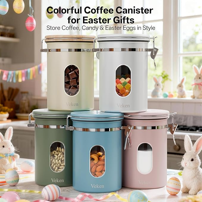 Veken Coffee Canister with Window, Easter Gifts Airtight Stainless Steel Container with Lids, Home Kitchen Food Storage Jars for Grounds, Beans, Tea, Flour, Cereal, Sugar, Basket, Scoop, 22OZ, Pink