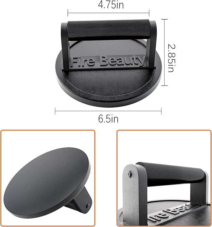 Fire Beauty Burger Press,Cast Iron 6.5" Enamel Surface Grill Press with Wood Handle,Food-Grade Smash Burger Press for Seared Bacon,Steak&Burger