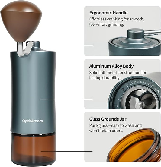 Optistream 6-Burr Manual Coffee Grinder – Easy-Use CNC420 High-Carbon Steel, Gray Aluminum Body & Glass Jar, 25 g Capacity, Slim design for travel