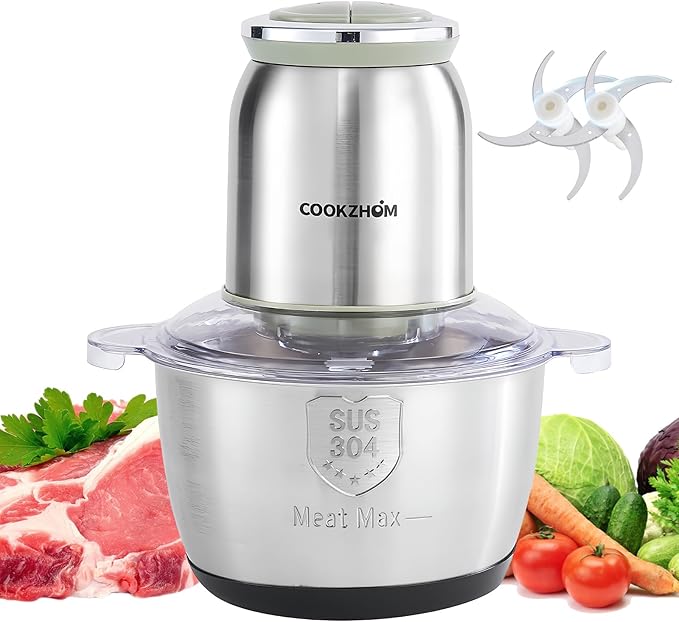 COOKZHOM Food Processor 8 Cup, 500W Electric Food Chopper,Meat Grinder with Stainless Steel Bowl and 2 Sharp Blades Set for Vegetable, Meat, Nuts, Functions for Chopping, Dicing, Mixing and Puree