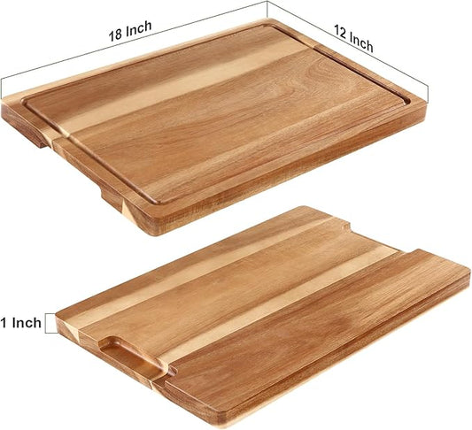 Acacia Wood Cutting Board with Handles & Juice Groove - Large Thick Butcher Block for Meat, Turkey, BBQ, Serving and Kitchen Countertop 18"*12 Inche