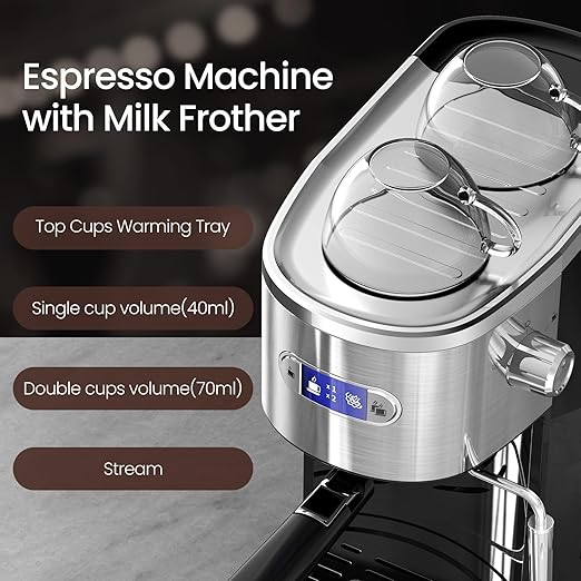 Electactic Espresso Machine 20 Bar, Professional Stainless Steel Coffee Maker with LCD Display, Steam Wand, 45oz Removable Water Tank, for Espresso, Cappuccino, Latte at Home or Office, Black