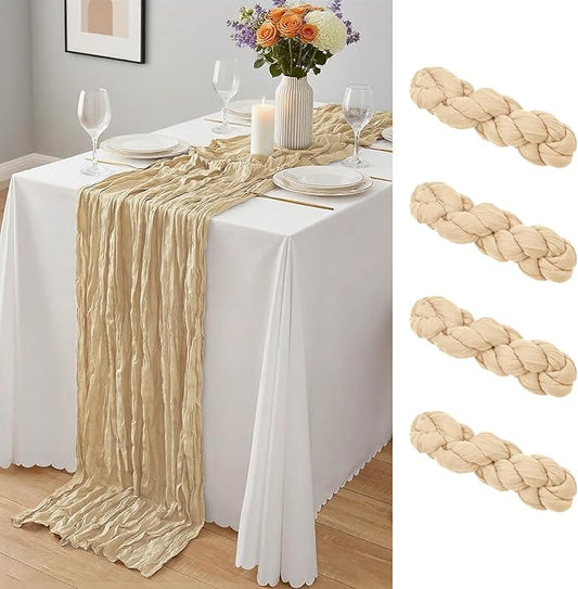4 Pack Beige Cheesecloth Table Runner 10Ft, Gauze Table Runners 21.5 x 120 inch,Semi Sheer Cheese Cloth Fabric Runner Bulk for Wedding,Party,Baby Shower,Bridal Shower