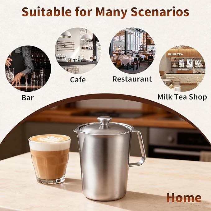 Stainless Steel Water Pitcher with Lid, 2L Stainless Steel Pitcher 8 Cup Metal Measuring Cup with Handle, Large 70 oz Milk Frothing Pitchers for Coffee, Iced Tea, Hot & Cold Water