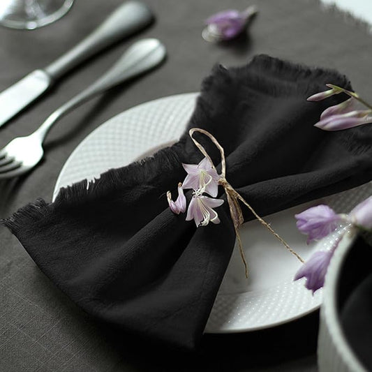 Handmade Cloth Napkins 100% Cotton Napkins with Fringe，Delicate Handmade Cloth Napkins for Dinners, Parties, Weddings and More，18 x 18 Inch Set of 12 - Black