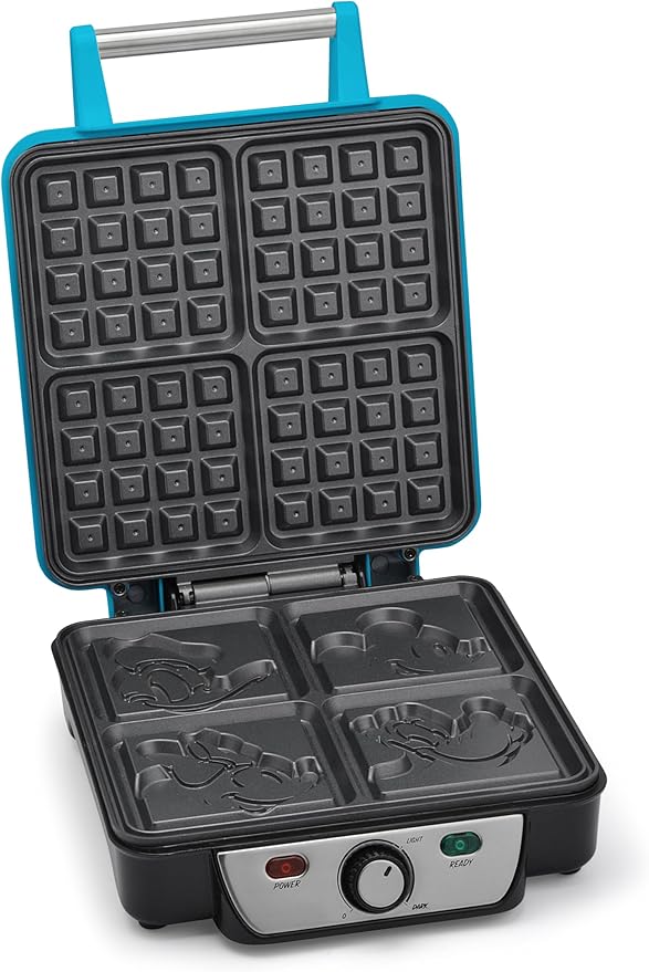 Disney Mickey & Friends Four Waffle Maker by Select Brands - Cute Appliance for Small, Square Waffles - Mickey Mouse Waffle Machine - Disney-Themed Appliance with Ceramic Nonstick Coating