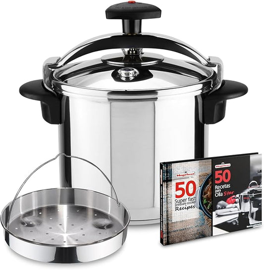 Magefesa Star Exclusive 8.4-Quart Pressure Cooker Set, Includes Steaming Basket & Recipe Book – 18/10 Stainless Steel, Full Induction