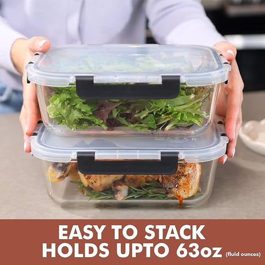 Razab 4 Pcs 1860ml / 63 Oz Large Glass Food Storage Containers with Lids - Glass Meal Prep Containers with Locking Lids for Roasting, Storing Leftover, Lunch Container, BPA Free, Microwave & Oven Safe