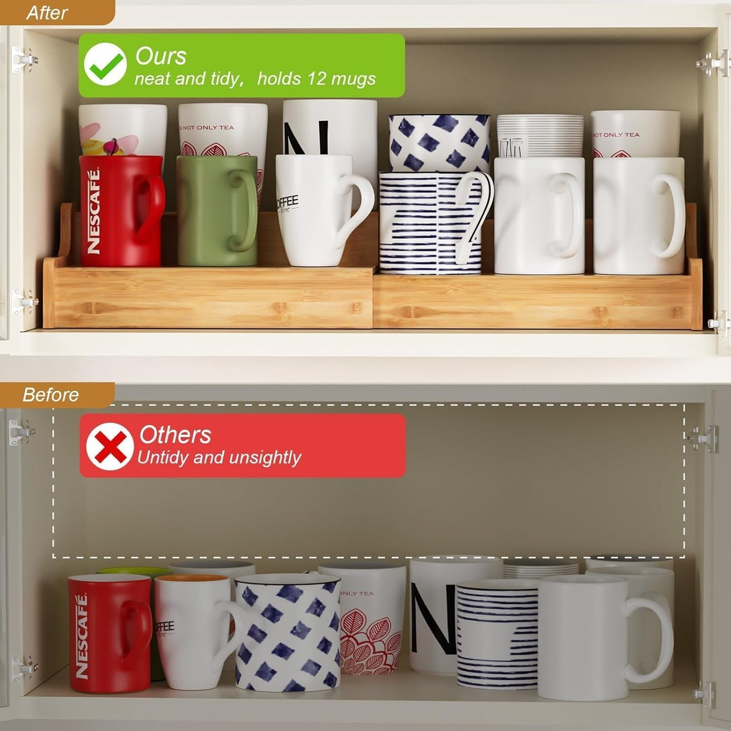 2-Tier Expandable Coffee Mug Holder, Mug Organizer for Kitchen Cabinets, Bamboo Mug Cup Rack, Multi-Functional Cup Holder Shelf, Coffee Bar Organizer, Home