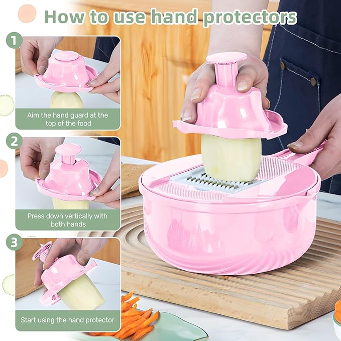 Mandoline Food Slicer, Multifunctional Vegetable Slicer Cutter with Hand Protector, Vegetable Shredder for Potato, Tomato, Carrot (Pink-9 in 1)