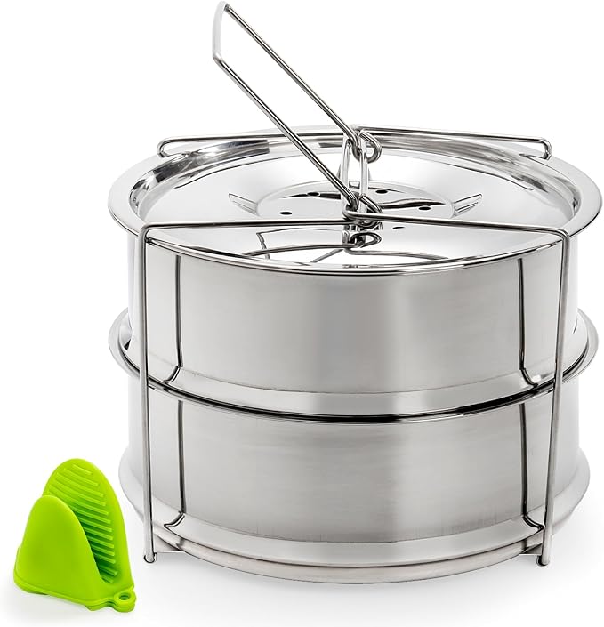 WUWEOT Stackable Steamer Insert Pans, 2 Tier Stainless Steel Pot-in-Pot Baking Pan, Pressure Cooker Accessories with Sling Handle and Silicone Gloves for Instant Pot