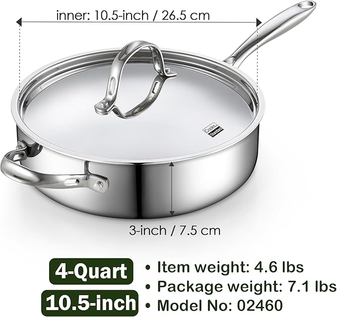 Cooks Standard Multi-Ply Clad Stainless Steel Saute Pan 10.5 Inch, 4 Quart Deep Frying Pan Skillet with Lid, Induction Cookware, Stay-Cool Handle