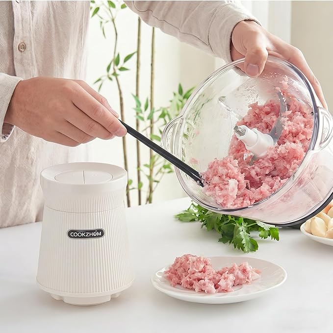 COOKZHOM 500W Food Processor, White Meat Grinder with Glass Bowl 8 Cup, Electric Food Chopper with 2 Sharp Blade Sets for Meat, Fruits, Vegetables, Baby Food, Nuts, 2 Speed
