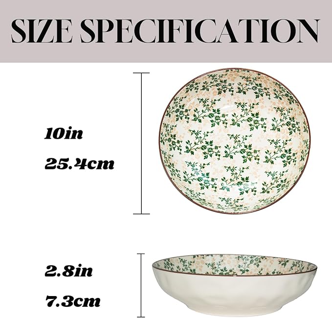 Large Serving Bowls, 78 Oz Extra Large Salad Bowl, Green Floral Pattern Design Decorative Bowls for Salad, Fruit, Pasta and Dinner, Serving Dishes for Party, Dishwasher & Microwave Safe