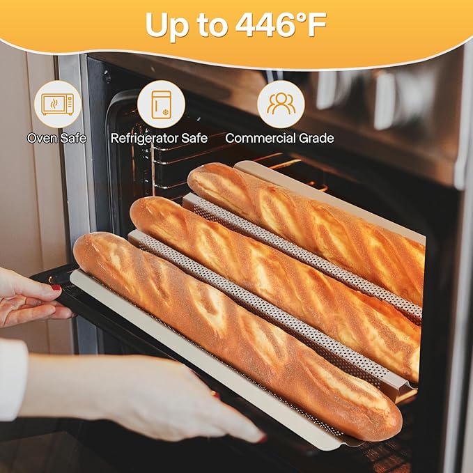 Barlket Baguette Bread Pan, Perforated French Bread Pan, Nonstick Bread Pans for Baking, with Baguette Kit – Includes Proofing Cloth & Dough Cutter, 15x11 Inch Gold, 3 Loaf