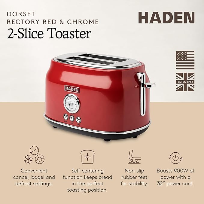 Haden Dorset 2 Slice Wide Slot Stainless Steel Toaster with Adjustable Browning Control & Non-Slip Feet, Rectory Red