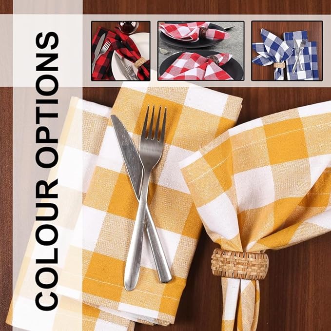 LFH Home Buffalo Check Cloth Dinner Napkins Set of 12, Cotton Napkins, 100% Cotton Checkered Wedding Christmas New Year Dinner Napkins with Mitered Corners and Generous Hem - 18 x 18 Mustard White