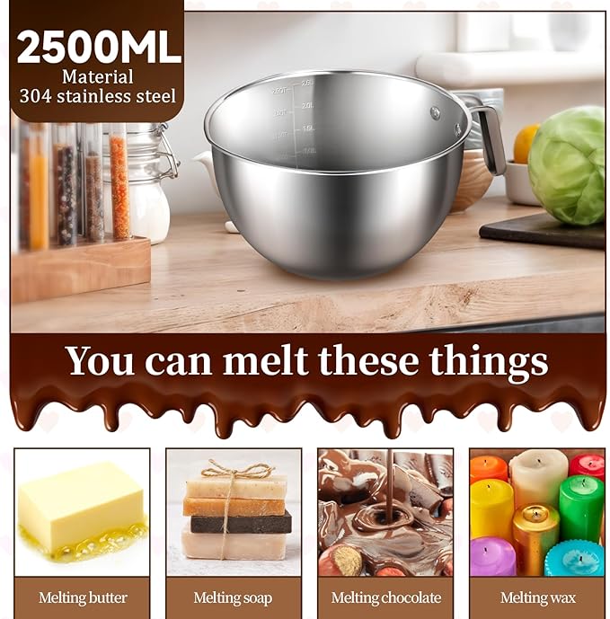 BOHUIZ 304 Stainless Steel Double Boiler with Spatula and Spoon, 4.2QT Dual-Handle Pot 2.6QT Melting Bowl with Scale and Handle Stackable Water Bath Melting Pot Set for Chocolate, Butter, Sugar, Wax