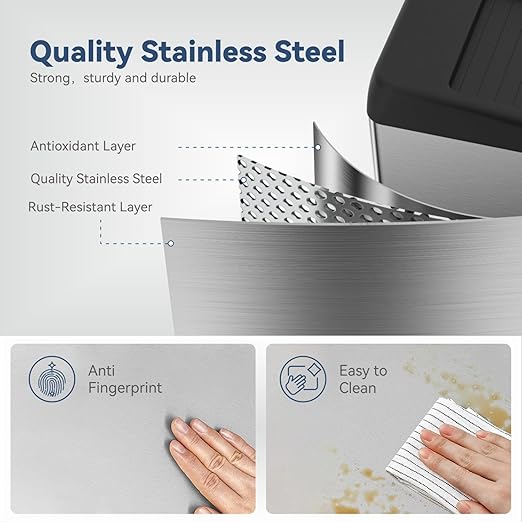 ELLO&ALLO 13 Gallon Automatic Touchless Motion Sensor Kitchen Trash Can with Roll Up Lid, Wheels, Brushed Stainless Steel Finish, Rectangular