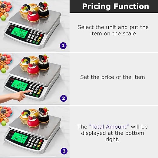110lb Commercial Food Scale, Large Digital Kitchen Scale with Hold Mode, Tare, PCS, 5 Units, Price Computing, 304 Stainless Steel for Baking, Cooking, Meat, Counting Adapter (Inc.)