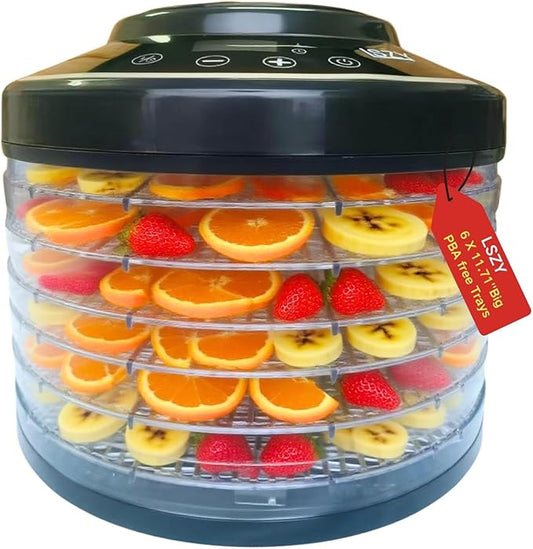 Food Dehydrator, Large 12'' 6 Trays Meat Dehydrator for Jerky, 600W Herb Dryer 24H Timer & Temp Control for Fruit Snacks Yogurt Dog Treats ETL Approved (Black 6 Trays)